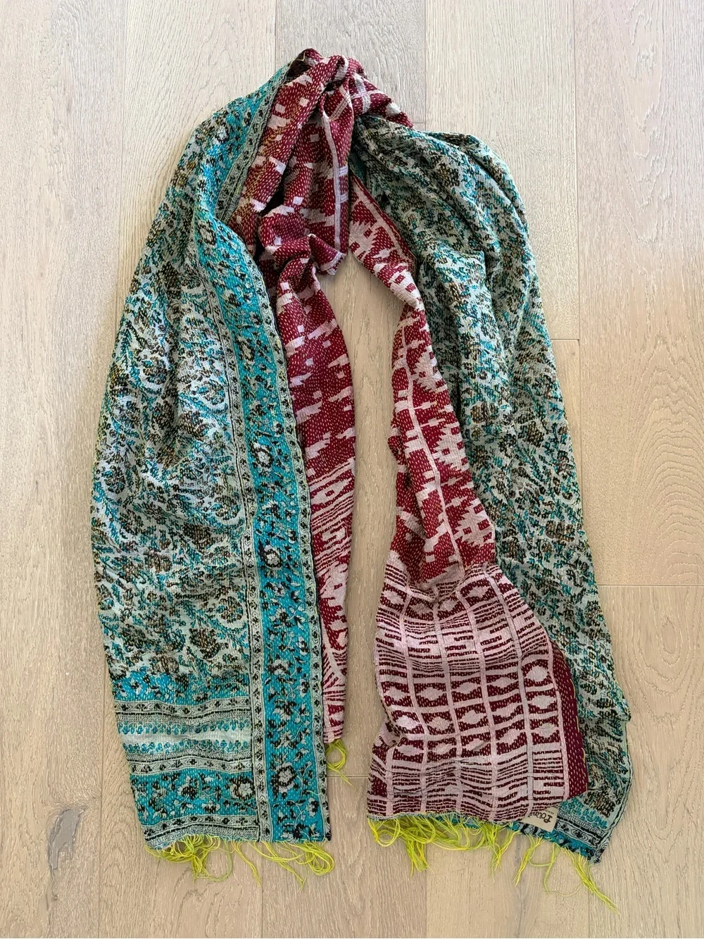 Found Object New York Reversible Silk Kantha Fringe Scarf Wrap Recycled Vintage